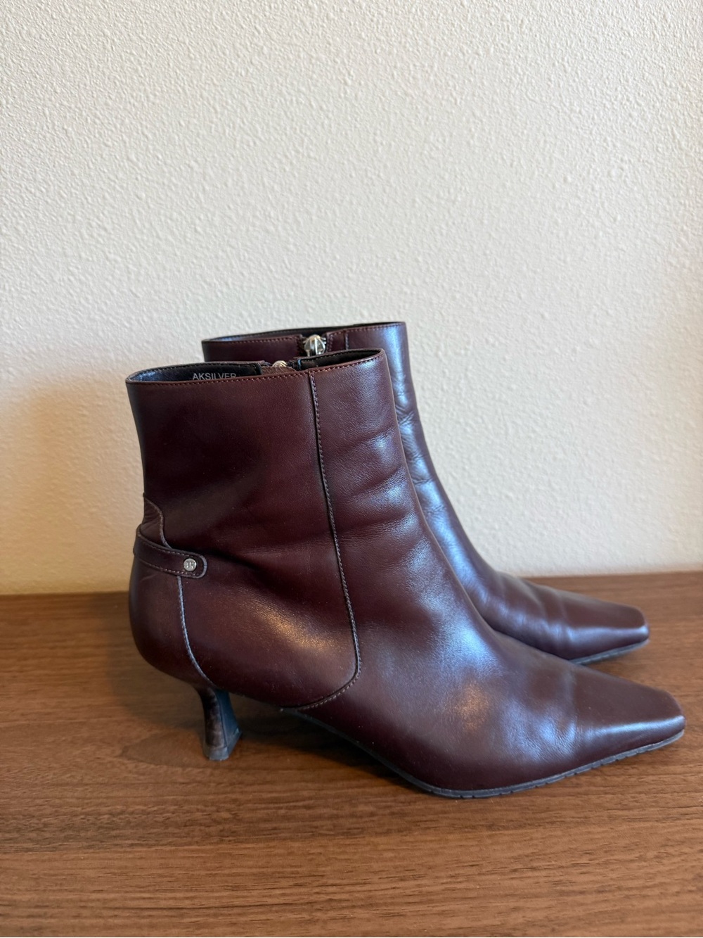 Anne Klein Burgundy Pointed-Toe Leather Ankle Boots